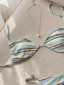 Swim Mod Bộ 2 món thời trang và dễ thương dành cho nữ, thích hợp đi nghỉ mát ở bãi biển/hồ bơi, gồm áo crop top hai dây hở lưng và quần bikini đính ngọc trai. - Nhiều màu - Xem 4