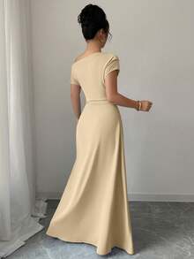 Elenzga Asymmetric Shoulder + Ruched Waist Dress - Apricot - View 2