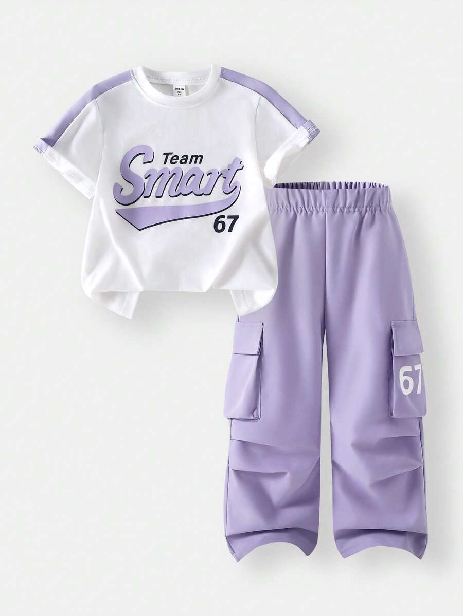 SHEIN Casuvi Kids 2件套女童休闲圆领宽松撞色复古美式字母可爱甜美短袖T恤+浅蓝色工装裤,夏季时尚套装,适合居家、旅行、运动、户外、日常穿着 - 淡紫色 - 查看 1