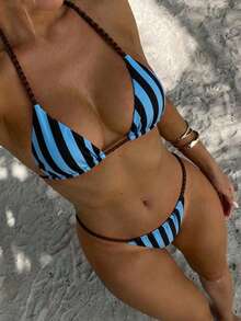 Bonvoyette Bộ bikini nữ cổ yếm buộc dây, họa tiết ngẫu nhiên, thích hợp cho mùa xuân/hè. - Nhiều màu - Xem 1