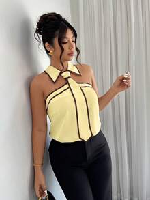 Easura 大码女式春夏无袖黑白撞色系带领优雅通勤衬衫 - 淡黃色 - 查看 5