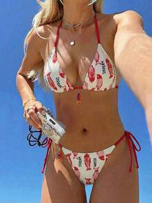 Swim Mod Bộ đồ bơi nữ 2 món, áo tam giác có đệm mút in hình cá và chữ ngẫu nhiên, quần bikini buộc dây bên hông, gợi cảm cho bãi biển, hồ bơi, kỳ nghỉ. - Nhiều màu - Xem 4