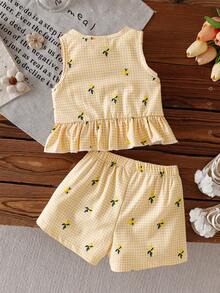 SHEIN Baby Girl Bow Decor Plaid Ruffle Hem Vest And Shorts Cute Set - Yellow - View 2
