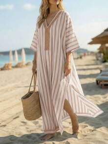 Balvessa 时尚宽松休闲印花V领条纹混纺面料女士度假旅行睡袍 - 彩色 - 查看 4