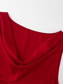 Franclia Elegant Red Satin Halter Neck, Fitted Waist, Pleated Hips, Straight Cut, Sleeveless Long Dress For Women. Suitable For Summer, Spring, Easter, St. Patrick's Day, Party, Wedding, Outdoor, Graduation, And More. Made Of Satin, This Long, Sleeveless, Red Dress Features A Halter Neck, Fitted Waist, And A Luxurious Design. - Red - View 5
