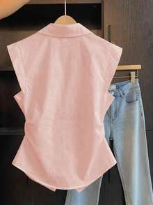 GlowEve Women's Light Pink Summer Effortless Chic Brunch Sleeveless Polo Collar Oblique Placket Waist Gathered Asymmetrical Design Embroidered Blouse Shirts - Pink - View 2