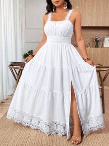 EMERY ROSE 大码女士优雅蕾丝拼接腰部A字吊带连衣裙，夏季 - 白色 - 查看 3