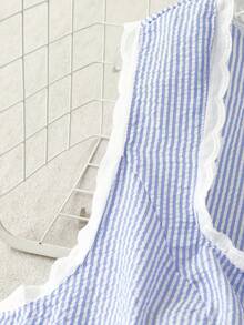 GlowEve CURVE Plus Size Women's Light Blue Striped 2 Pieces Set,Cute Summer Picnic Sleeveless Square Neck Lace Trim Blouse & Loose Cooling Shorts Casual Outfits - Blue - View 7