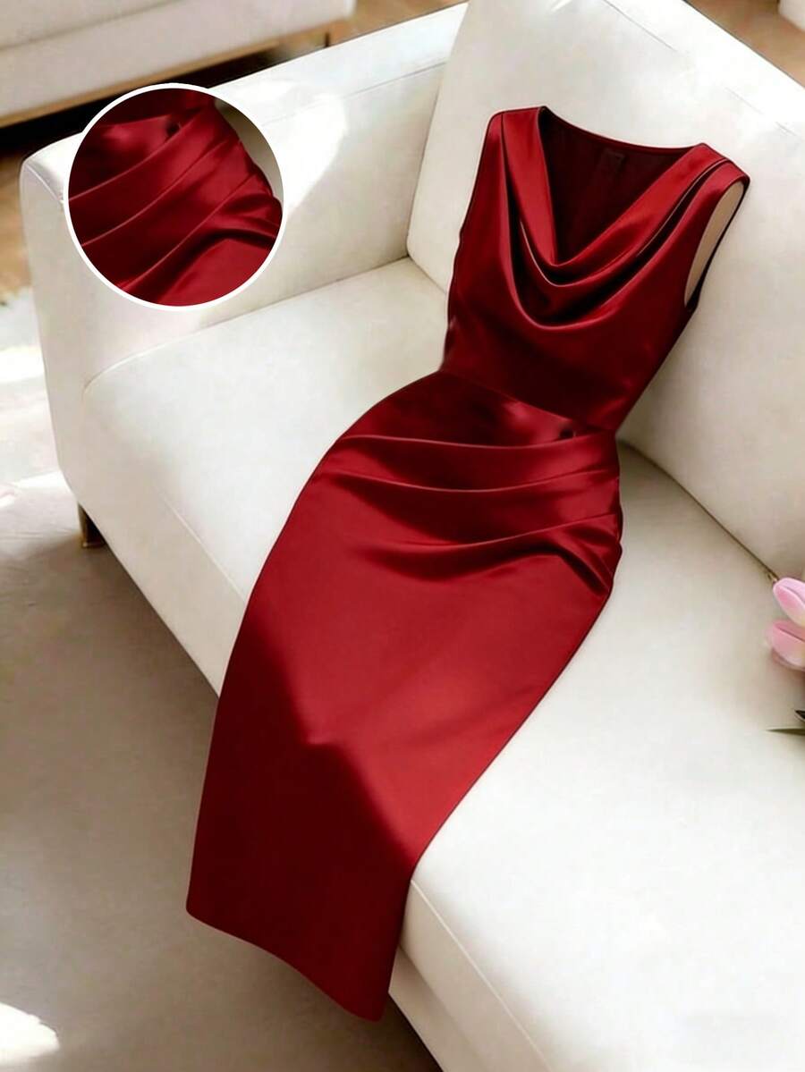 Franclia Elegant Red Satin Halter Neck, Fitted Waist, Pleated Hips, Straight Cut, Sleeveless Long Dress For Women. Suitable For Summer, Spring, Easter, St. Patrick's Day, Party, Wedding, Outdoor, Graduation, And More. Made Of Satin, This Long, Sleeveless, Red Dress Features A Halter Neck, Fitted Waist, And A Luxurious Design. - Red - View 1