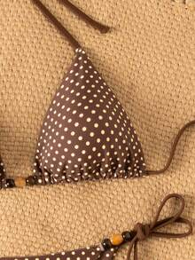 Swim Mod Women's Sweet & Bikini Swimwear,Brown Polka Dot,Pearl Decor,Side Tie Shorts,Double-Sided Fabric,Summer,Casual,Beach,Vacation,Holiday,Party,Pool - Multicolor - View 5