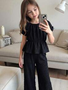 SHEIN 2件套少女纯色圆领休闲T恤和裤子套装 - 黑色 - 查看 4