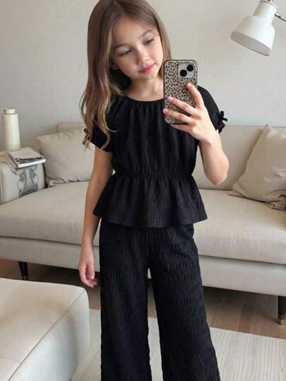 SHEIN 2件套少女纯色圆领休闲T恤和裤子套装