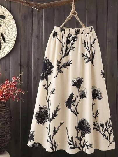 Linhara Plus Size Women Ink Print Elastic Waist Casual Versatile Date/Travel A-Line Skirt
