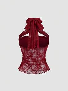 SHEIN Sweetro 新款春夏欧美性感可爱Y2K蕾丝修身浪漫吊带休闲/约会/度假酒红色女式背心 - 酒紅色 - 查看 2