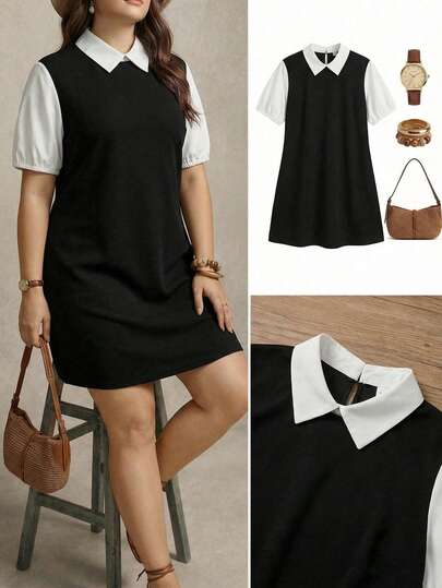 Zelara 大码女式夏季格子图案撞色袖衬衫领短袖休闲连衣裙感恩节服装节日派对连衣裙女式派对连衣裙