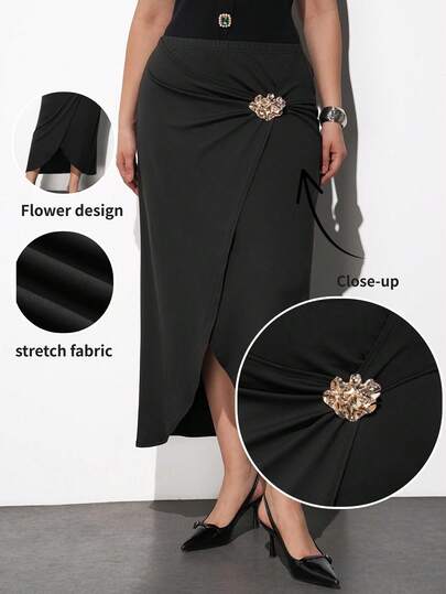 Maija 2026 Summer Plus Size Black Wrap-Style Skirt With Metal Decor Twist Design, Retro Vintage Style, Romantic, Fashionable, Versatile; Comfortable, Stylish, Elegant, Casual, Simple Daily Essential, Solid Color, Holiday Leisure, Appropriate, Single Lady, Elegant Business Casual Outerwear, Business Casual Silhouette  St Patrick's Day Women Easter Summer Outfits Easter Dress Women Party Top Beach Dress Summer Holiday Outfits Each Vacation Outfits For Women  Summer Outfit For Women Going Out Outfits Graduation Graduation Outfit  Casual Dresses  Casual Blouses For Women