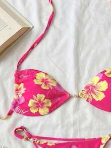 Swim Mod 两件套女士时尚可爱性感沙滩装，适合度假、海滩、泳池、派对等场合。包含一件饰有花朵和珍珠的吊带露背短款上衣和一条比基尼泳裤。 - 彩色 - 查看 5