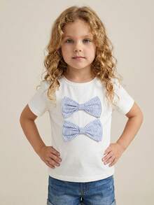 SHEIN Camiseta casual feminina de gola redonda com laço 3D em patchwork de cor sólida e contraste. - Branco - Ver 5