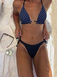 Bonvoyette 波点印花荷叶边挂脖系带比基尼套装 - 彩色 - 查看 1