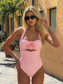 Bonvoyette 2026春夏手工钩编花卉露背褶皱比基尼连体泳衣（女款） - 粉色 - 查看 1