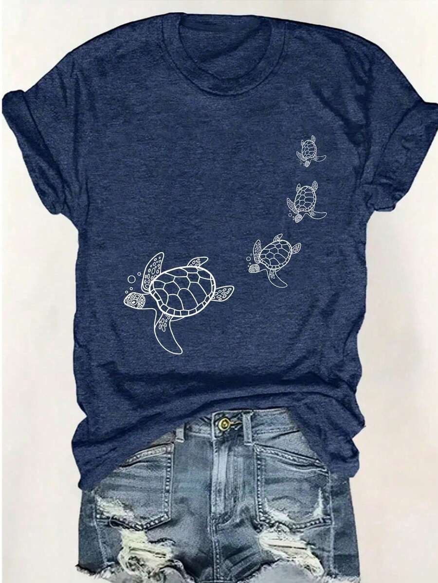 SHEIN Camiseta gráfica de manga corta y cuello redondo con estampado de tortuga para mujer - Azul Marino - Ver 1