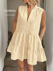 Easowa V领荷叶边层叠荷叶边A字连衣裙，休闲度假优雅无袖短款连衣裙，棉质条纹面料，适合春夏穿着 - 黃色 - 查看 6