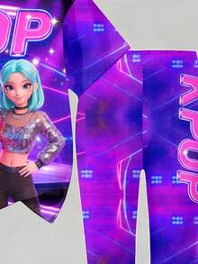 Bộ đồ đôi 2 món màu tím dễ thương cho bé gái, áo thun ngắn tay + quần legging bó sát, họa tiết thiên hà nhiều màu sắc, thích hợp cho mùa xuân/hè, độ tuổi 4-7. - Nhiều màu - Xem 6