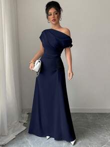 Elenzga Asymmetric Shoulder + Ruched Waist Extra Long Dress - Navy Blue - View 6