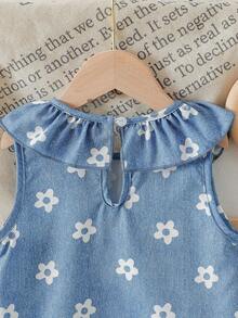 Elladie kids 2pcs/Set Young Girl Korean Style Elegant Sweet Floral Ruffle Collar Sleeveless Dress Top+Straight Pants+Bag,Summer Princess Fashion Outfit Gift - Blue - View 9