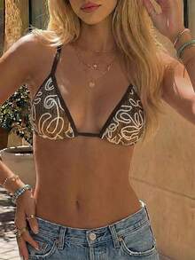 Swim Mod 新款女士波西米亚风 Y2K 复古纹理沙滩度假风三角比基尼上衣 - 挂脖系带，颈部和腰部系带可调节，棕色撞色包边 - 浅褐色底布上饰有白色漩涡刺绣的镂空钩针编织 - 透气轻盈面料 - 适合夏季度假和泳池派对的沙滩装，易于搭配牛仔裤，日常休闲穿着，纹理感十足的夏季沙滩套装 - 棕色 - 查看 1