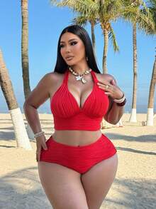 Swim SXY 2026 New Arrival Ruffle Halter Swimsuit, Deep V-Neck Design High Waist Style, Sexy Vacation Vibe Slimming Supportive Swimwear Set - Red - View 6