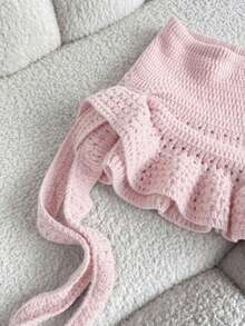 Elamini Women's Red Skirt, Fashion Summer Beach Outfit, Low Waist Hollow Out Ruffled Hem Mini Skirt, Versatile Sweet Vacation Style - Baby Pink - View 4