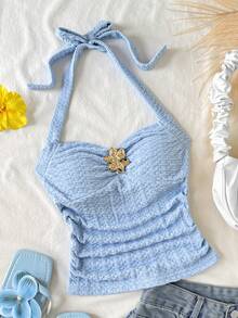 SHEIN 少女春夏纯色蓝色吊带V领花朵金属扣修身背心，纹理面料，适合假日、度假、海滩穿着 - 藍色 - 查看 1