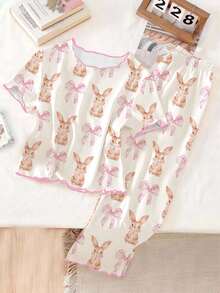 Tween Girls 1 Set Pajamas, Apricot Round Neck Short Sleeve T-Shirt With Cute Rabbit & Bow Print, Matched With All-Over Rabbit & Bow Print Pants, Casual Loungewear Set - Apricot - View 3
