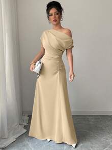 Elenzga Asymmetric Shoulder + Ruched Waist Dress - Apricot - View 5