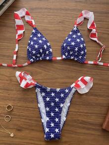 Swim Mod 热门女童夏季比基尼两件套，国旗印花荷叶边装饰，女士度假套装 - 彩色 - 查看 3