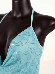 SaltGleam SaltGleam 女士时尚优雅休闲度假性感露背吊带背心，网纱亮片刺绣深V领性感夏季上衣吊带两件套性感夏季服装女士夏季套装伊比沙岛派对装夏季夜店装 - 藍色 - 查看 6