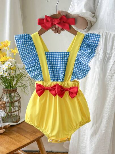 Conjunto de pelele y diadema con lazo y contraste de colores, elegante y lindo para bebé niña, adecuado para primavera/verano, interior, exterior, viajes, fiestas, uso diario