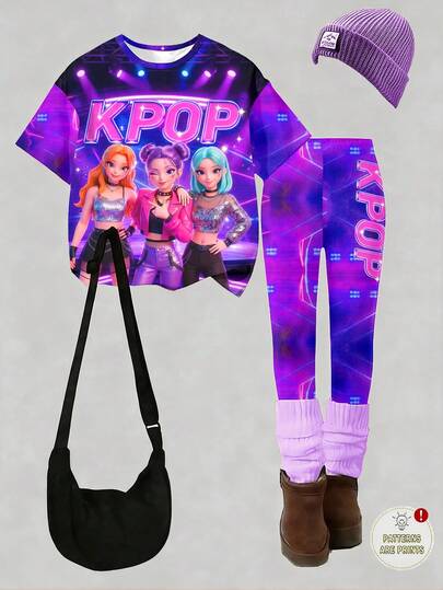 Set de 2 piezas Outfit informal y lindo para niñas jóvenes, Camiseta de manga corta + Leggings ajustados, Estampado de galaxia colorido, Adecuado para primavera/verano, Edades 4-7