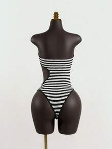 SaltGleam SaltGleam Fashionable Sexy Striped Twist Hollow Out Bandeau Bodysuit - Black and White - View 2