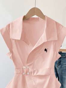 GlowEve Women's Light Pink Summer Effortless Chic Brunch Sleeveless Polo Collar Oblique Placket Waist Gathered Asymmetrical Design Embroidered Blouse Shirts - Pink - View 5