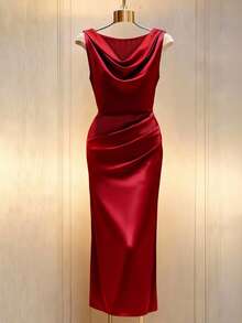 Franclia Elegant Red Satin Halter Neck, Fitted Waist, Pleated Hips, Straight Cut, Sleeveless Long Dress For Women. Suitable For Summer, Spring, Easter, St. Patrick's Day, Party, Wedding, Outdoor, Graduation, And More. Made Of Satin, This Long, Sleeveless, Red Dress Features A Halter Neck, Fitted Waist, And A Luxurious Design. - Red - View 4