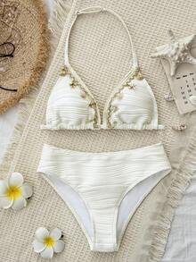 SHEIN Teen Girl Bohemian Wave Shell Trim Spaghetti Strap Bikini Top And Bottom Bikini Set Set, Summer Vacation, Suitable For Teenage Bohemian Style Shell Bikini Set Set, Teenage Swimwear, Shell Swimwear, Conservative Swimwear, Girls 2-Piece Summer Beach Outfit - Apricot - View 4
