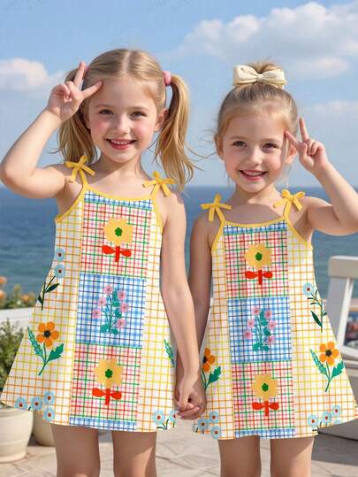 1pc 4-7 Years Old Girls Gingham Patchwork + Colorful Floral Print Spaghetti Strap Tie-Up A-Line Dress, Lightweight Fabric, Vibrant Design, Suitable For Beach, Casual Wear, Birthday Party, Spring/Summer/Autumn