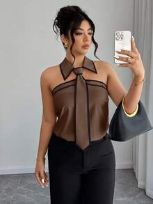 Easura Plus Size Women's Spring/Summer Sleeveless Black & White Contrast Tie Collar Elegant Commuter Shirt - Brown - View 4