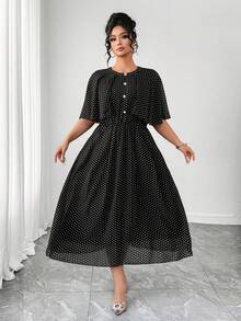 Elenzga 大码女士优雅雪纺波点圆领披肩袖珍珠纽扣装饰收腰中长连衣裙 - 黑色 - 查看 4