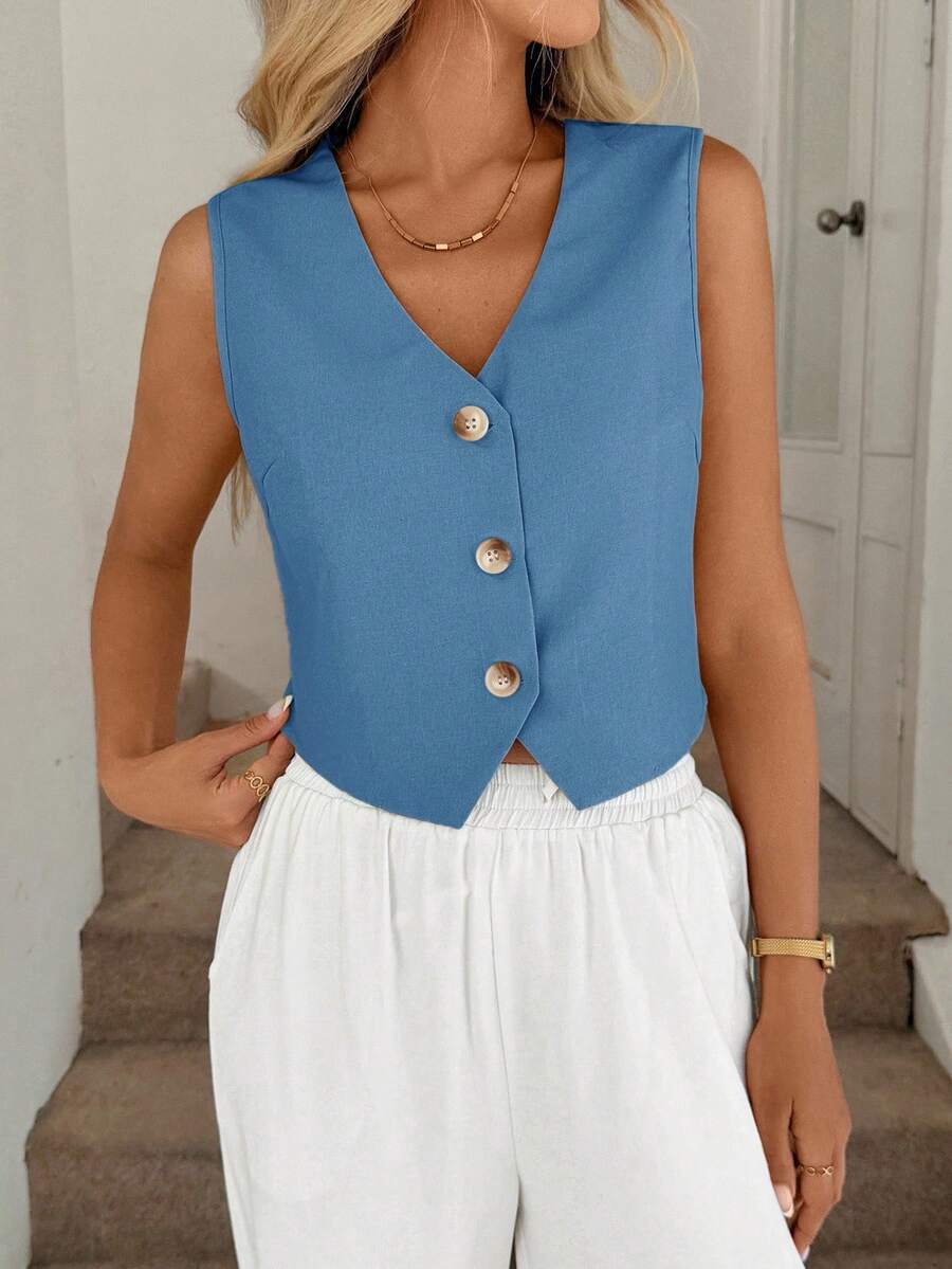 Easowa V领纽扣不对称下摆无袖衬衫，休闲度假优雅街头风女装，春夏复古富贵风 - 藍色 - 查看 1