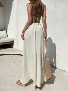 Sunnyshic Women's Pleated Texture Deep V-Neck Halter Tie-Waist Flounce Hem Shell Bead Tassel Trim A-Line Maxi Dress, Women's Spring/Summer Vacation Beach Boho Minimalist Elegant Casual Versatile - Apricot - View 2