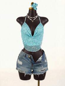 SaltGleam SaltGleam 女士时尚优雅休闲度假性感露背吊带背心，网纱亮片刺绣深V领性感夏季上衣吊带两件套性感夏季服装女士夏季套装伊比沙岛派对装夏季夜店装 - 藍色 - 查看 4