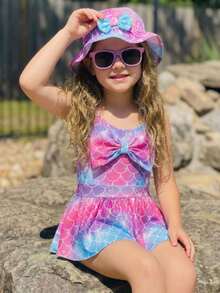 SHEIN Young Girls Mermaid Print Bow Cute Swimsuit, Sports, Beach, Vacation Swimming, Casual, Comes With Swim Cap - Multicolor - View 3